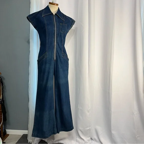1970s Denim Jumpsuit Collared With Pockets Wide Leg Stretch Waist No Size C Pics - Picture 9 of 16